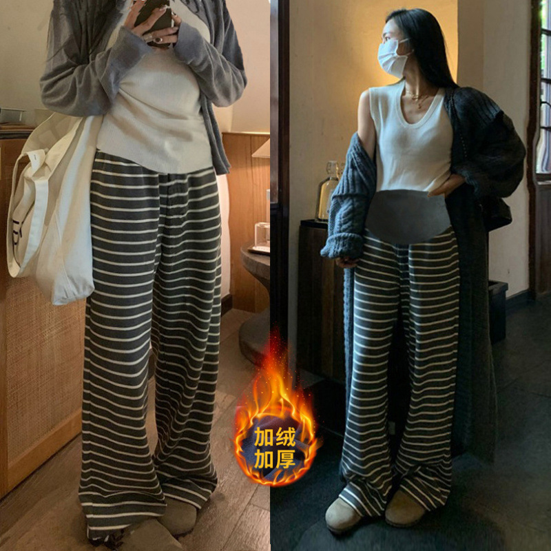 2026 Autumn and Winter New Striped Lazy Style Fleece-Lined Maternity Wide-Leg Pants Loose Casual Pants Floor-Length Slimming Casual Pants