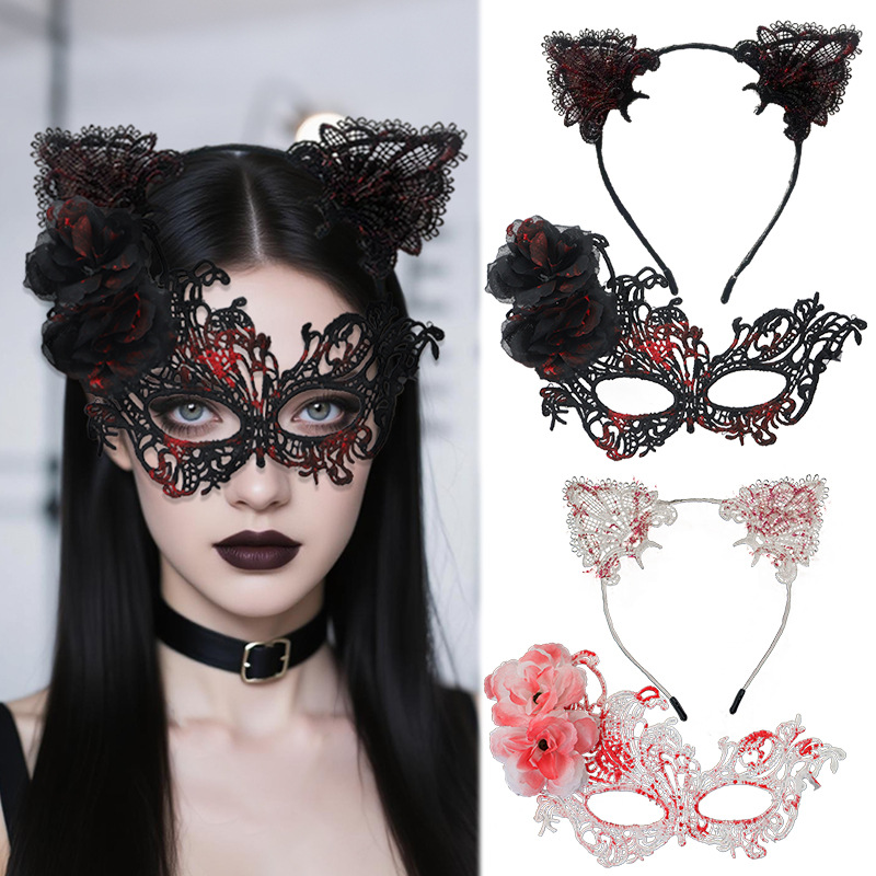Halloween nueva máscara de encaje de rosa caliente misteriosa sexy mitad cara adorable gato orejas conjunto de banda de pelo