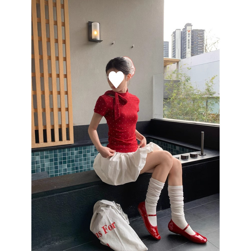 2025 赤水玉半袖 Tシャツ女性の夏の右肩痩身ボウタイホットガールトップ|undefined