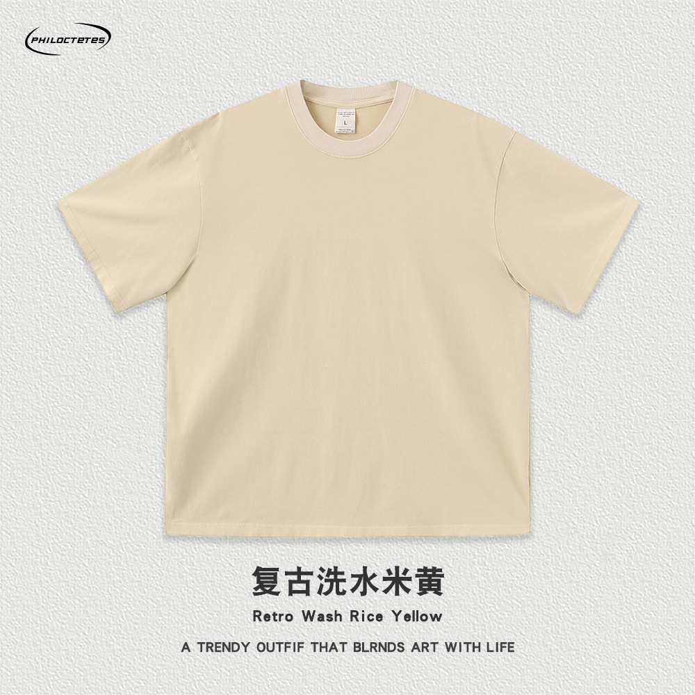 Comercio exterior pesado 260g flor frita apenado color sólido de manga corta Camiseta hombres y mujeres sueltos lavados camiseta de marca de moda estadounidense transfronteriza