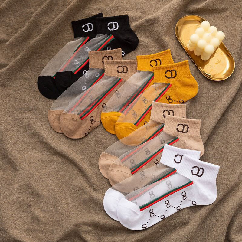 Socks women's khaki Crystal socks letter CC retro socks summer thin boat socks breathable glass stockings fashion