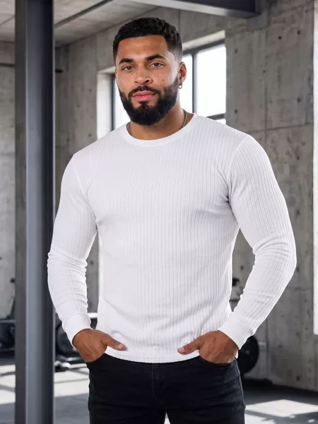 Cross-border foreign trade spring and autumn men's long-sleeve sports fitness casual vertical stripe elastic breathable round-neck T-shirt in solid color