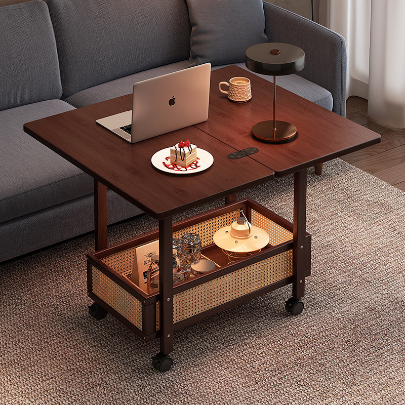 Coffee Table for Living Room, Movable Small Side Table for Small Apartments, Solid Wood Folding Table with Simple Storage, Mid-Century Style Dining Table