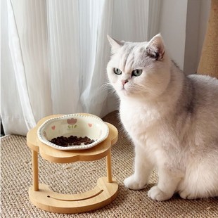 Cat Bowl Cat Ceramic Bowl High-legged Wooden Frame Protecting Cervical Spine Dog Food Bowl Cat Food Bowl Anti-overturning Pet Bowl