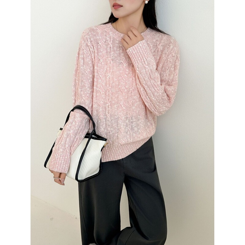 Super Nice Cashmere Knitwear 2025 Winter New Women's Wool Cable Sequin Round Neck Loose and Stylish Knitwear