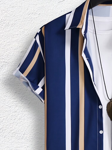 Short Sleeve men's Stripe Graphic Print Shirt Casual Lapel