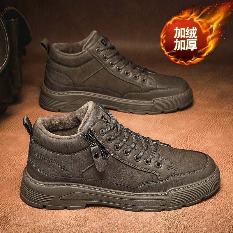 Мужская обувь зимняя бархатная теплая хлопчатобумажная обувь повседневная кожаная обувь мужская ретро дикая мягкая подошва туфли низкого уровня Martin