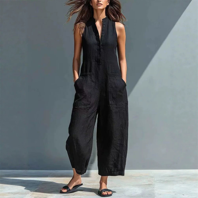 Cq2026 New Summer Style European and American Women's Clothing Sleeveless V-Neck Loose Wide-Leg Jumpsuit Cross-Border Plus-Size Jumpsuit