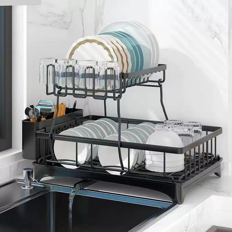 German Dish Storage Rack New Dish Rack Dishware Drain Basket Household Double-Layer Stainless Steel Kitchen Storage Rack