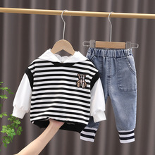 1-3歲男童秋裝套裝寶寶條紋衛衣假兩件春秋時髦兒童束腳牛仔褲