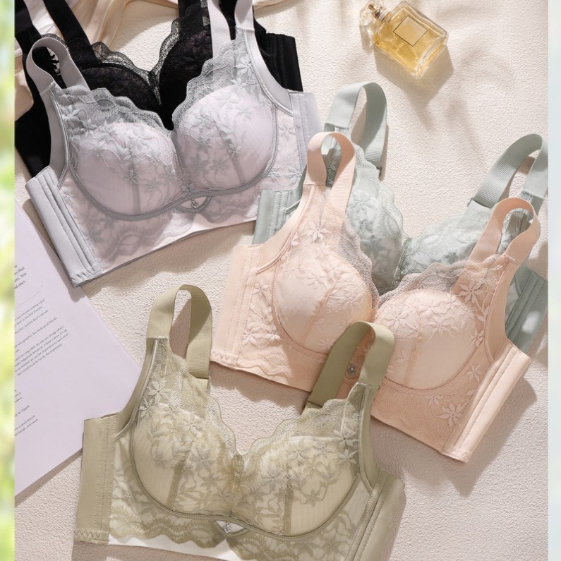 无磁内衣滑滑杯中厚小胸聚拢蕾丝胸罩四排扣上托收副乳调整型文胸|undefined