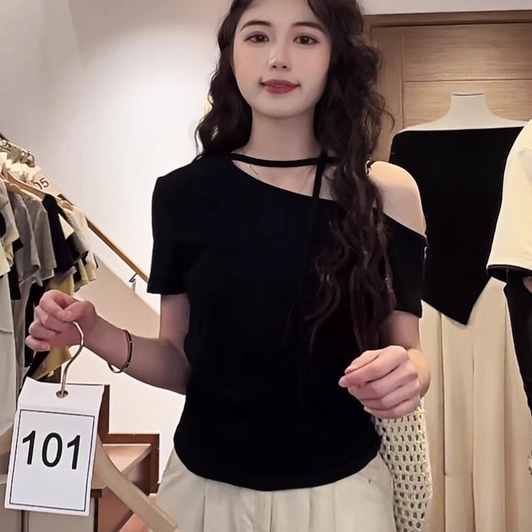 High-End Sexy Slant-Neck Off-Shoulder Lace-Up Short-Sleeved T-Shirt for Women Summer Niche Slimming Look Top Export Wholesale