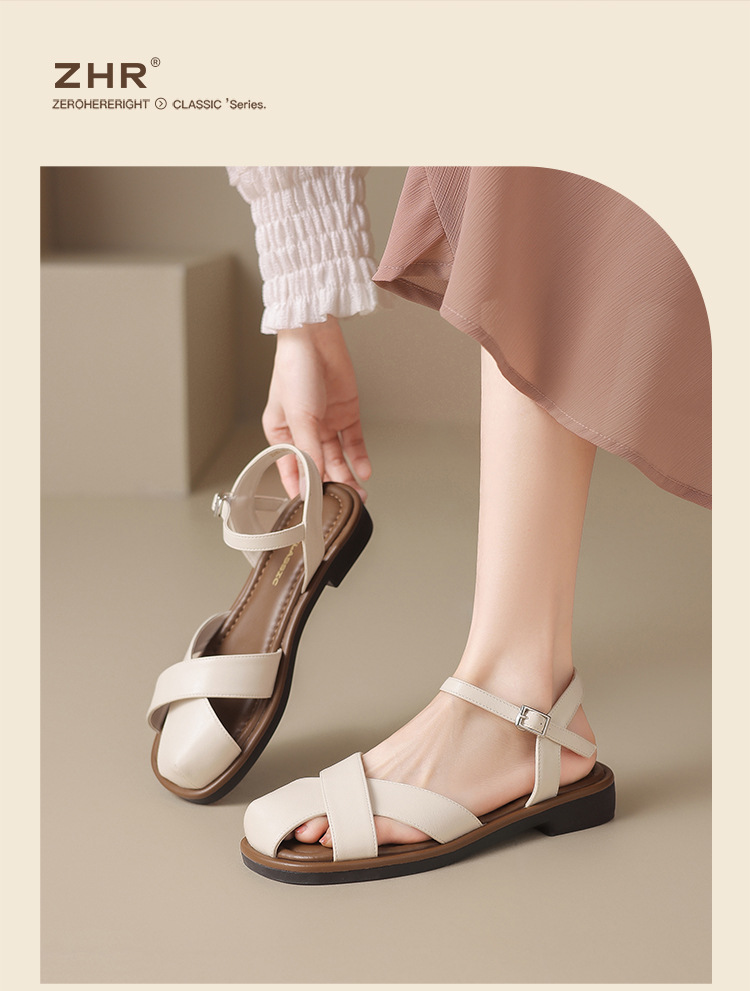 Sandal nữ quai ngang kiểu La Mã phong cách Pháp, mũi hở bán bít, đế bằng thoáng khí — KN38 màu be chi tiết 14