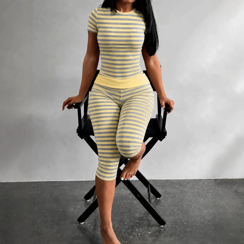 2026 European and American Summer New Women's Fashion Striped Versatile Short-Sleeve Tight Pants Fashion Casual Versatile Set 2026 European and American Summer New Women's Fashion Striped Versatile Short-Sleeve Tight Pants Fashion Casual Versatile Set
