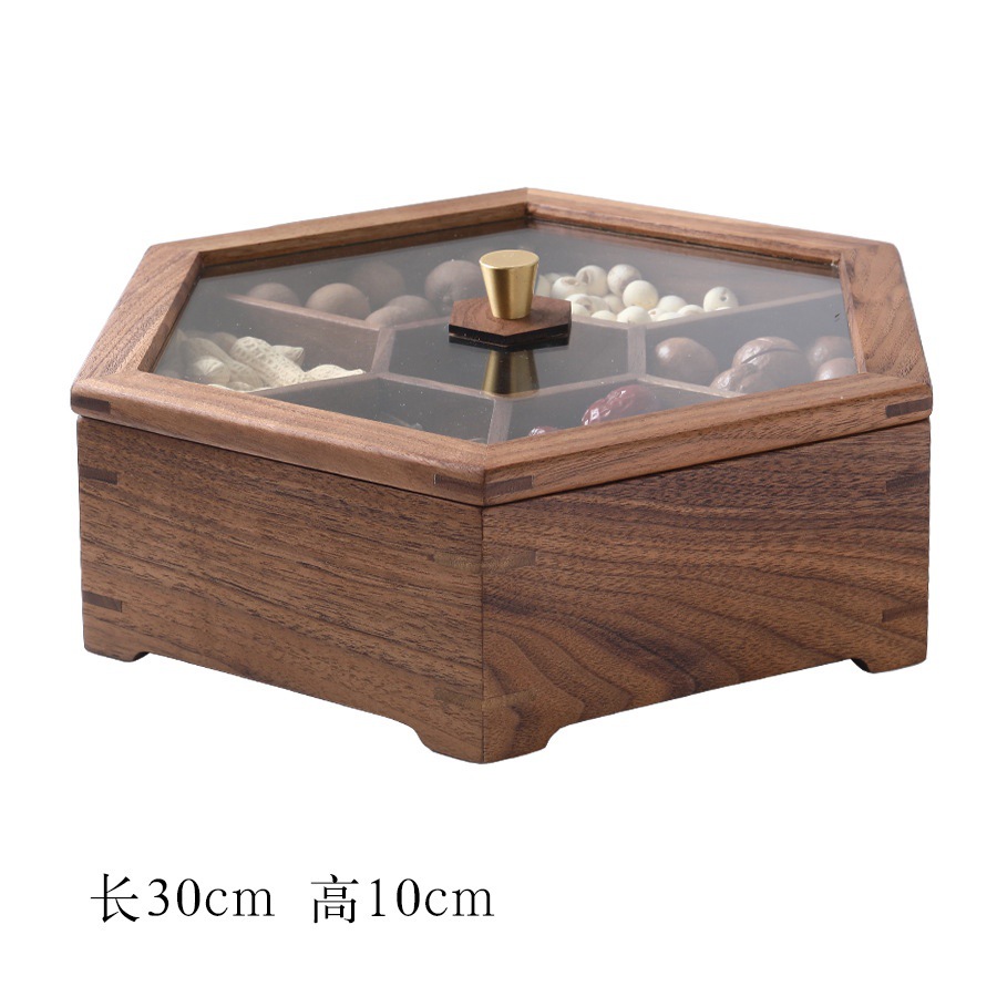 Caja de fruta seca de madera maciza de nogal negro con tapa plato de fruta seca nuevo estilo chino Luz de lujo creativo boda exquisita caja de regalo de almacenamiento