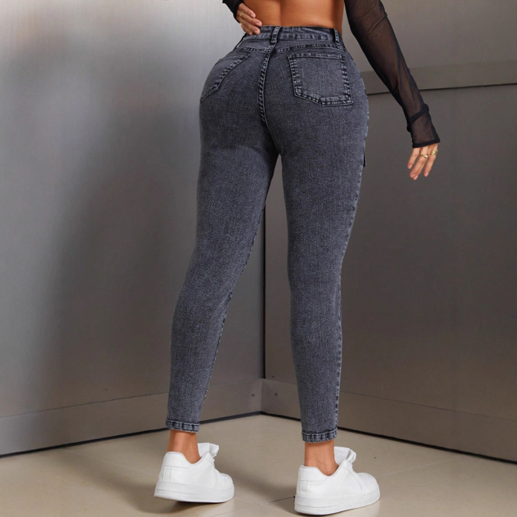 Women's High-Waisted Hip Lifting Skinny Jeans 15706# Elastic Denim Relaxed Everyday Wear Comfortable Feshion_ecoleips.com