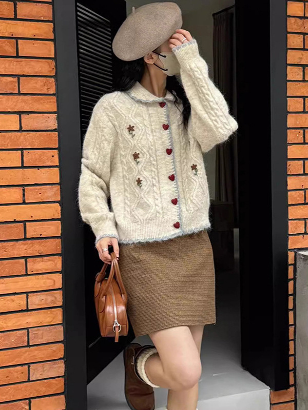 手工花朵刺绣polo领针织开衫女2025秋冬新款韩系甜美百搭毛衣外套|undefined