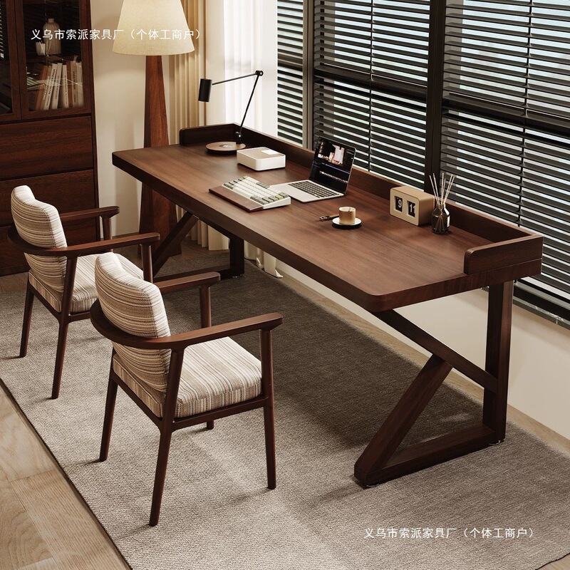 All-solid wood double desk with partition, home use long table, bedroom writing desk, vintage style computer desk, office desk