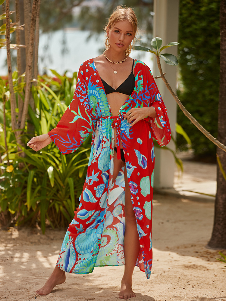 Camiseta de algodón impresa bikini cardigan vacaciones costera kimono trajes de playa transfronterizos Amazon 8601