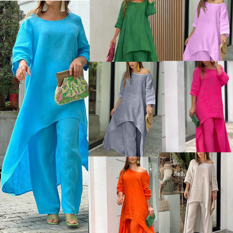 2025 European and American Cross-Border Women's Clothing Amazon Fashion Casual Plus-Size Irregular Long-Sleeve Set Wide-Leg Pants Two-Piece Set
