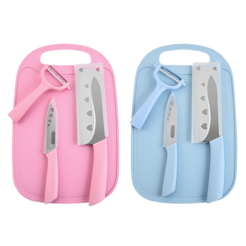 Fábrica al por mayor de acero inoxidable azul suplemento alimenticio doméstico de cuatro piezas Cuchillo Spot Venta caliente Juego de cuchillos de tabla de cortar neta