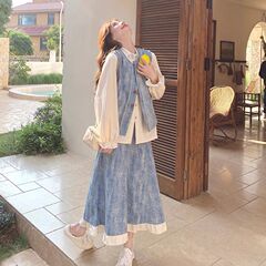 蓝色小清新牛仔提花套装裙女春季2025新款设计感马甲半身裙三件套