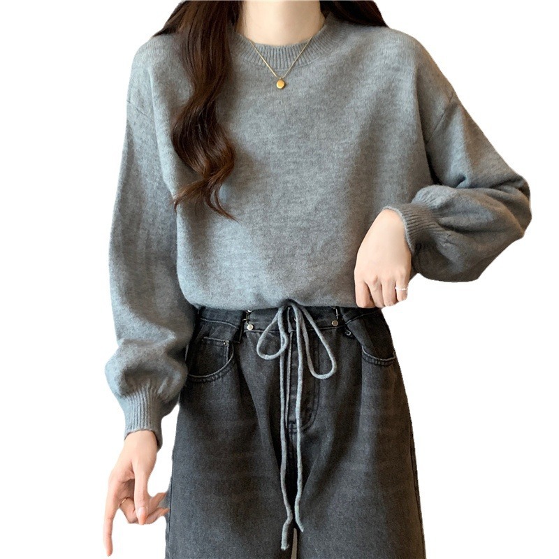Coreano de color sólido simple perezoso estilo pequeño suéter de moda de otoño y invierno de cuello redondo cuerdas sueltas jersey de tendencia image 6