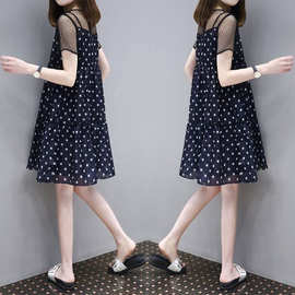 裙子女2024年新款春夏装大码女装宽松显瘦a字波点纱网连衣中裙女