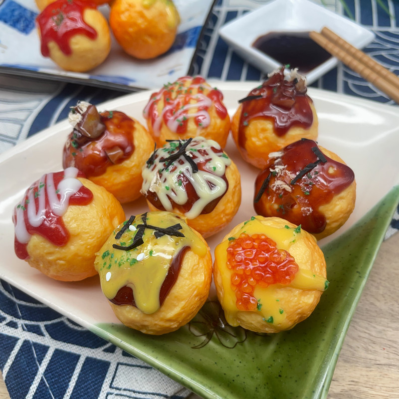 仿真日式章鱼小丸子章鱼烧鲫鱼饼小吃食物模型菜品摆装饰拍摄道具