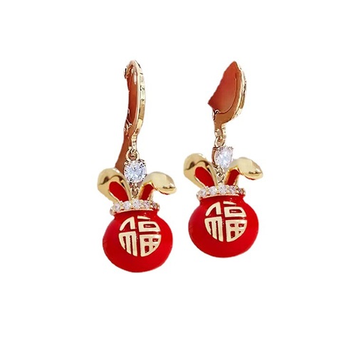 Red lucky everyone blessing bag rabbit earrings chinese dress hanfu qipao xiuhe wedding dress earring female 