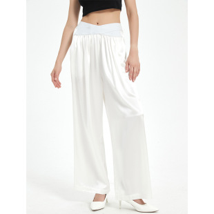 2025 Spring New Elastic Black and White Wide-Leg Pants High-Waist Suit Pants Loose Acetate Commuter Casual Women's Trousers