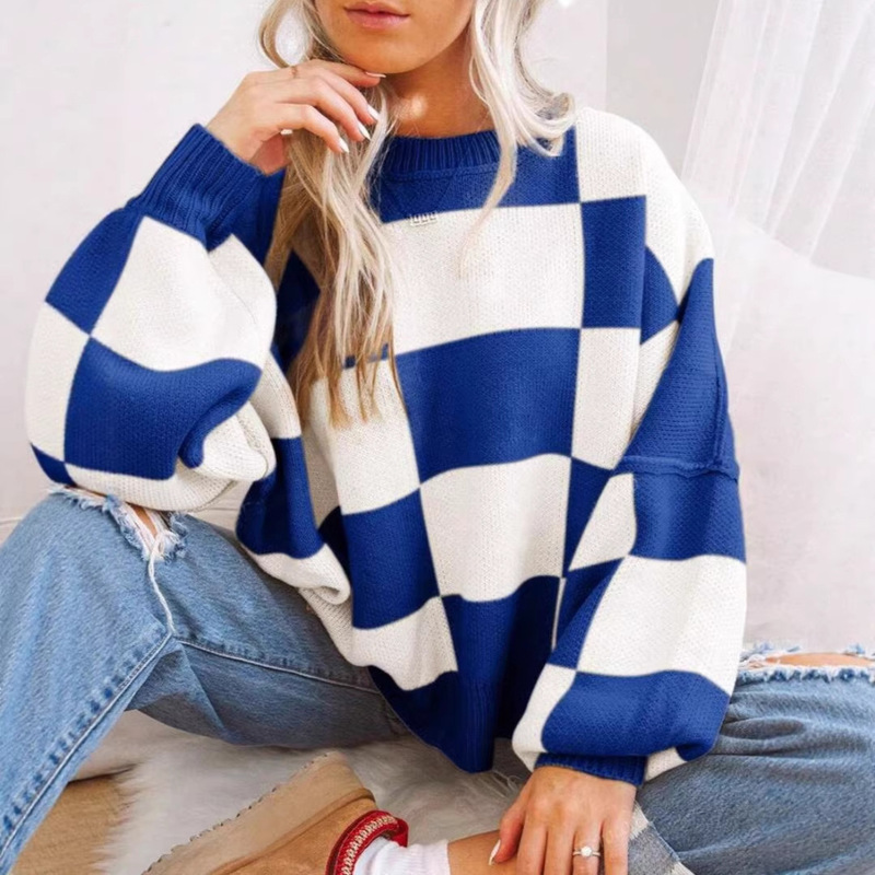 2026 Early Spring European and American Independent E-Commerce Cross-Border Amazon New Women's Clothing with Checkered Elements, Round Neck, Loose Sweatshirt 2026 Early Spring European and American Independent E-Commerce Cross-Border Amazon New Women's Clothing with Checkered Elements, Round Neck, Loose Sweatshirt