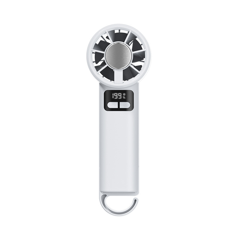 Nuevo modelo 2026: Mini ventilador portátil recargable por USB con pantalla digital, 199 velocidades, refrigeración por semiconductor y mosquetón para exteriores.