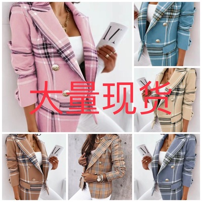 Cross border Foreign trade AliExpress 2021 Europe and America Autumn and winter new pattern Long sleeve Double-breasted lattice printing Self cultivation suit coat