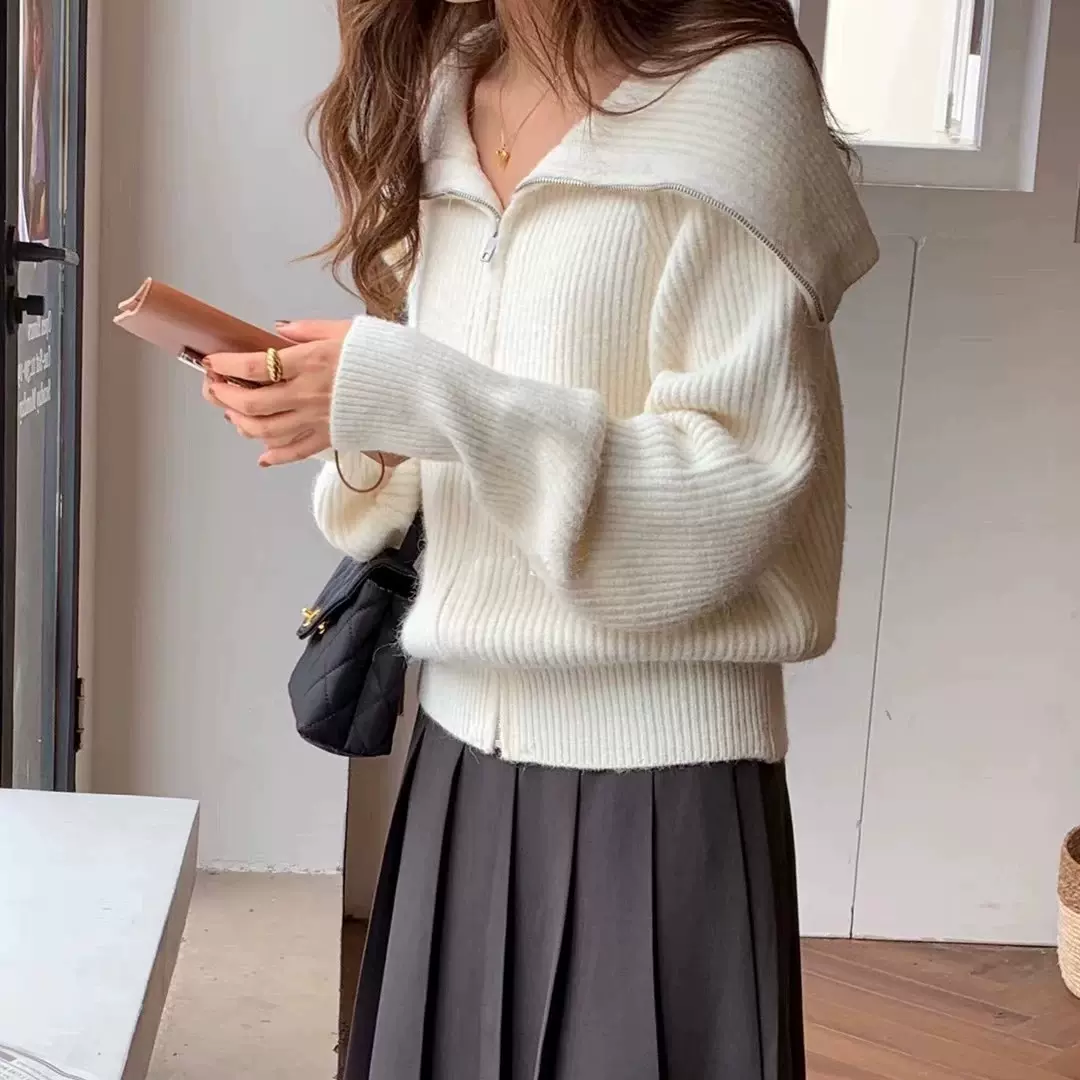 紫色翻领拉链针织开衫女秋冬奶呼呼慵懒风软糯毛衣外套海军领上衣