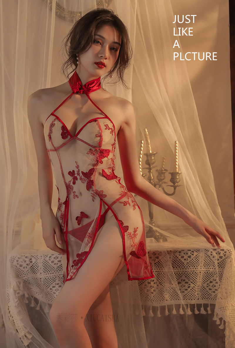 Retro Embroidered Sheer Cheongsam Nightgown Set with Matching Briefs, Black One Size — detail image 12