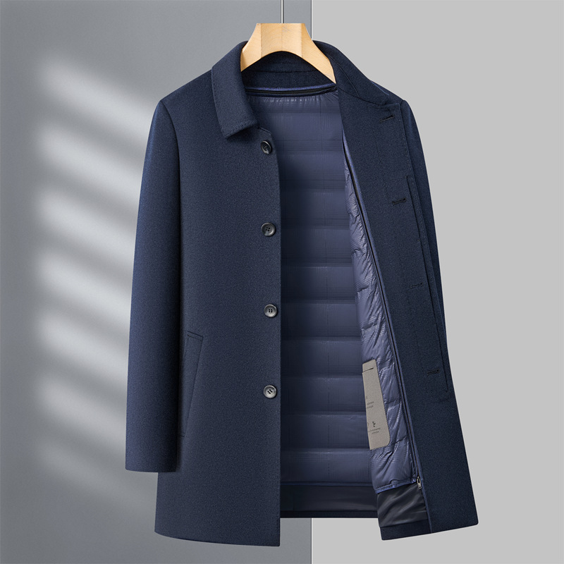 Winter cashmere and silk men's double-sided wool coat with detachable goose down lining.