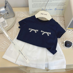 Korean children's clothing 2024 new summer girl embroidery butterfly knot short-sleeve T-shirt versatile white skirt two-piece set