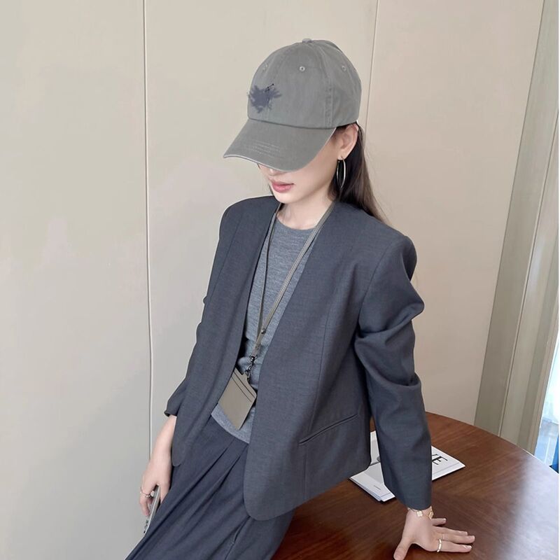 灰色休闲简约V领长袖西装外套女春季2025通勤利落小个子气质西服|undefined