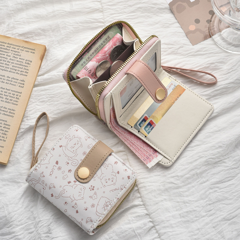 Simple and Cute Kitten Japanese-Style Women's Buckle Coin Purse with Handle, Multifunctional Short Wallet and Card Holder Simple and Cute Kitten Japanese-Style Women's Buckle Coin Purse with Handle, Multifunctional Short Wallet and Card Holder