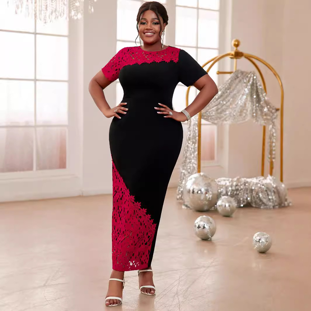 Women's Clothing Elegant lace stitching plus size dress contrast stitching asymmetric light dress dress_voghion.com