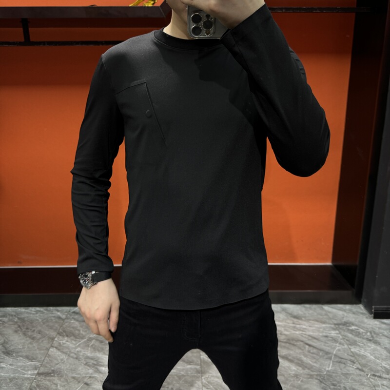 83001 New Men's Long-sleeved T-shirt Casual Fashion Solid Color Trend All-match Niche Adhesive Seamless Cutting Worker