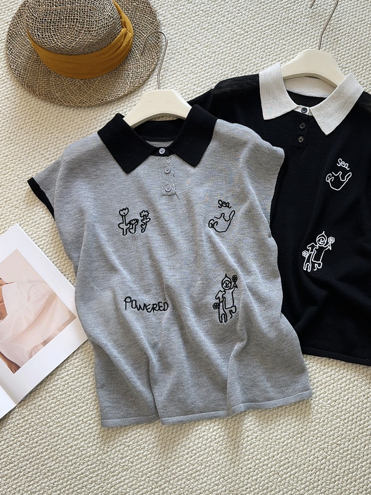 刺繍ラペルカラーブロック半袖セーター女性のための 2025 夏新ルーズ痩身多用途カジュアル薄手のセータートップ