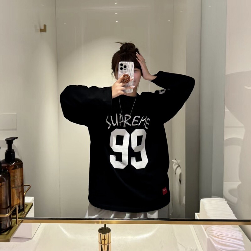 Fw25 Spring and Autumn Sup Letter No. 99 Printed Splicing Round Neck Thin Long-Sleeved Men's and Women's Wasteland Style Popular Ins Fw25 Spring and Autumn Sup Letter No. 99 Printed Splicing Round Neck Thin Long-Sleeved Men's and Women's Wasteland Style Popular Ins