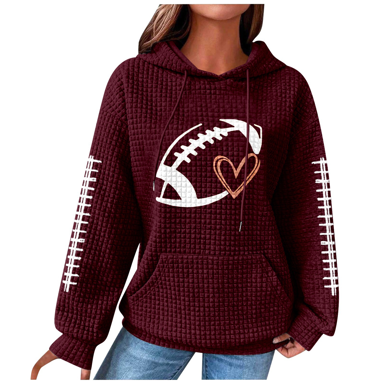 Women's Rugby Hoodie Waffle Knit Pullover Sweatshirt Print_voghion.com