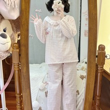 格子花边hellokitty猫睡衣女春秋长袖日系学生居家服套装外穿韩版
