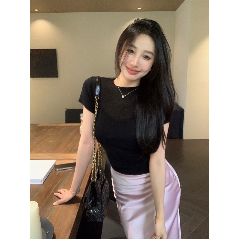 气质拼接微透短袖针织衫女装夏季修身短款设计感小众薄款甜辣上|undefined
