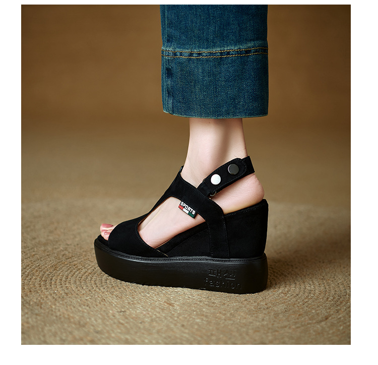 Sandal cao gót nữ hở mũi đế xuồng tăng chiều cao, phong cách La Mã, gót 9 cm — màu đen, xanh lá cây chi tiết 17