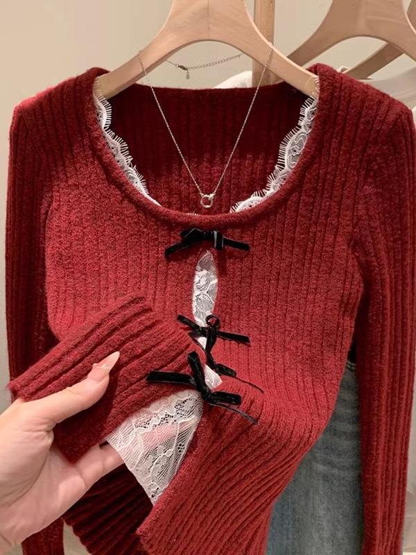 Christmas Outfit: Red Hollow-Out Lace Patchwork Faux Two-Piece Knit Sweater for Women, Winter Base Layer Top Christmas Outfit: Red Hollow-Out Lace Patchwork Faux Two-Piece Knit Sweater for Women, Winter Base Layer Top