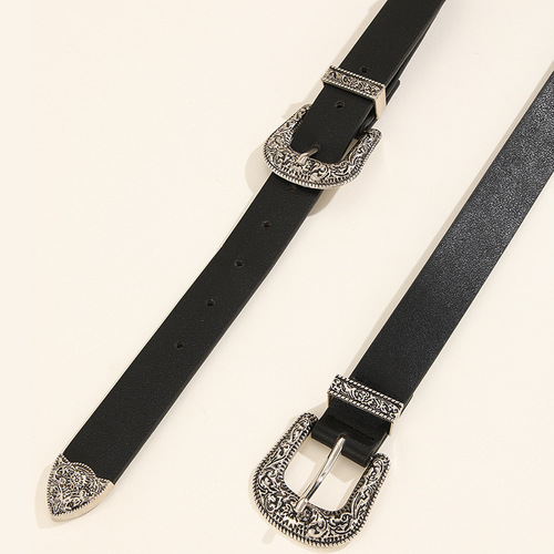 Elegant and Fashionable Men and Women's Belts with Dual Buckle Decorative Engraved Clips, Perfect for Pairing with Retro Jeans